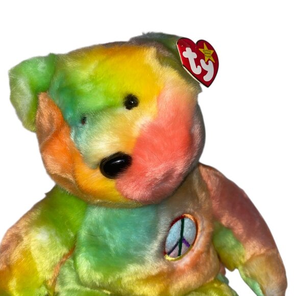 Ty Beanie Buddies Collection Peace Bear Plush 1999 14” Tie Dye Smoke-Free Home - Picture 8 of 13